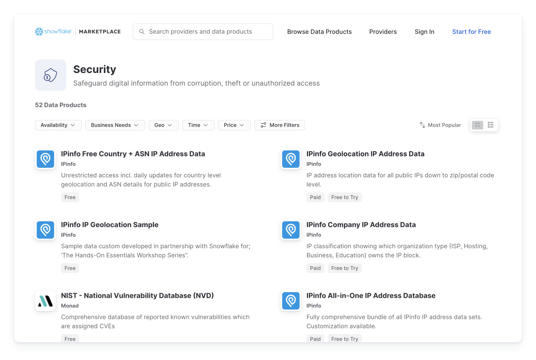 Snowflake Marketplace security data provider listings